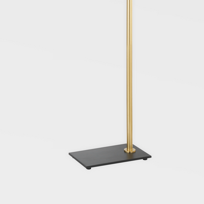 Aged Brass Arm and Textured Black Base with Natural Rattan Shade Floor Lamp