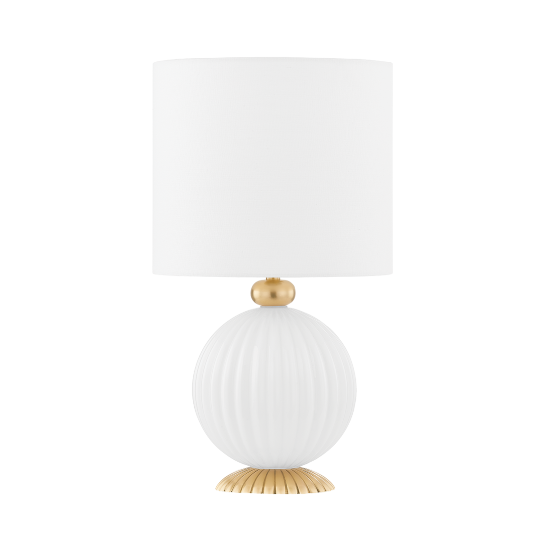 Aged Brass Frame and Globe Shaped Opal Glossy Glass Base with Linen Shade Table Lamp