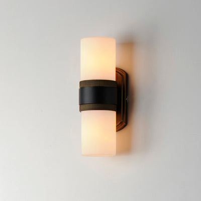 Black and Antique Brass Frame with Satin White Glass Shade Outdoor Wall Sconce