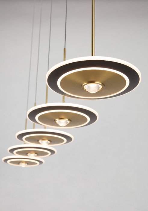 LED Satin Dark Gray and Antique Brass Disk Frame with Acrylic Diffuser Linear Pendant