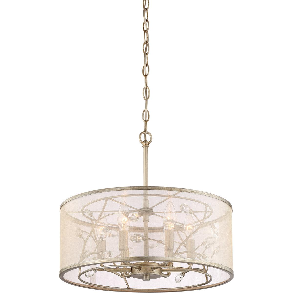 Burnished Silver Frame and Clear Crystal with Organza Shade Pendant - LV LIGHTING