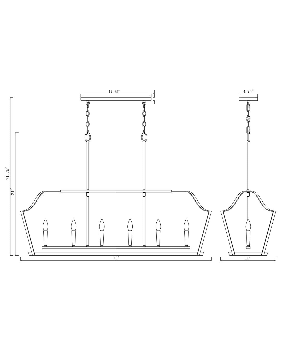 Arden 6-Light Linear Pendant dimensions diagram