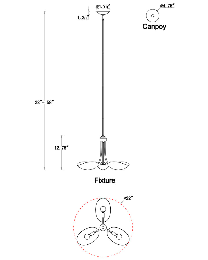 Maris 3-Light Pendant dimensions diagram