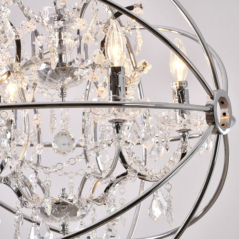Cage Chandelier with Clear Hanging Crystals in Chrome by Bethel