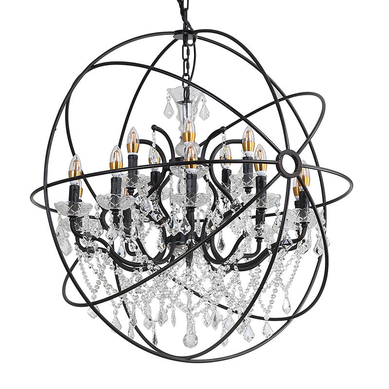 Cage Chandelier with Clear Hanging Crystals in Black by Bethel