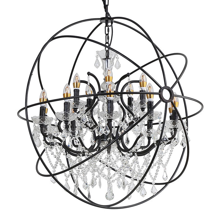 Cage Chandelier with Clear Hanging Crystals in Black by Bethel