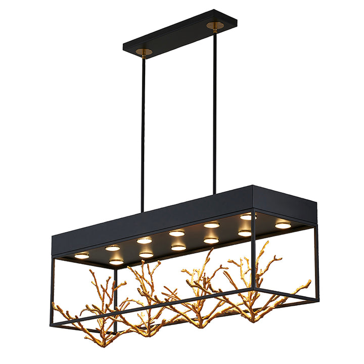 Matte Black Rectangular Frame Chandelier with Gold Branch Accent by Bethel