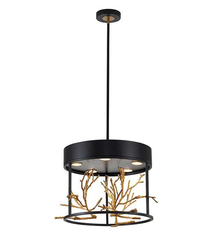 Matte Black Frame Pendant Light with Gold Branch Accent by Bethel