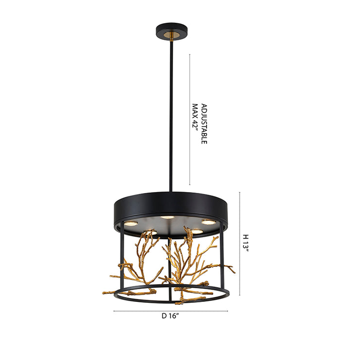 Matte Black Frame Pendant Light with Gold Branch Accent by Bethel - view 3