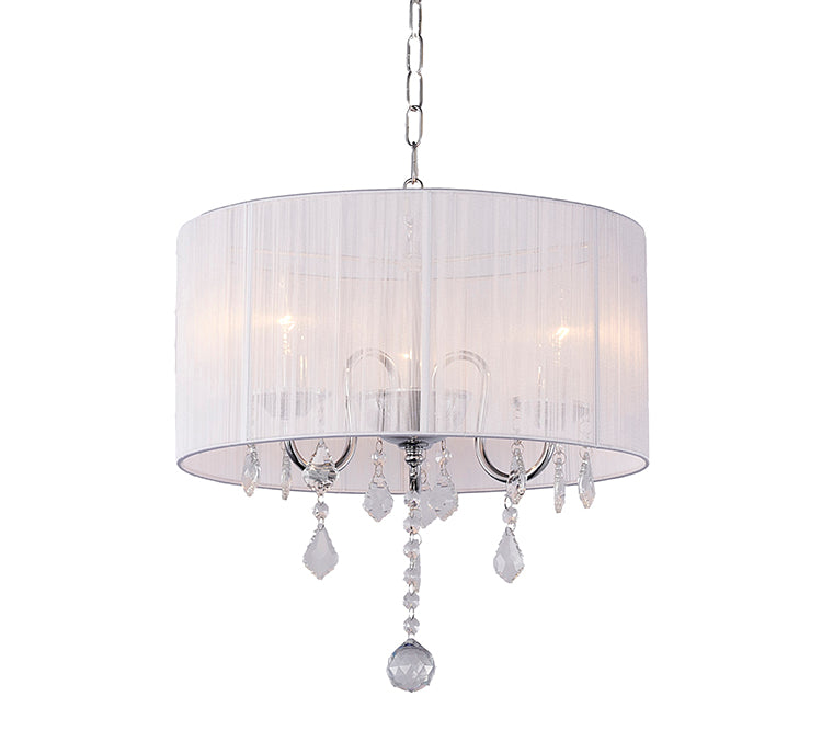 White String Shade Chandelier with Chrome Frame and Clear Crystals by Bethel