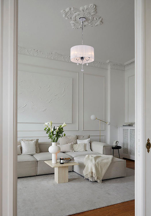 White String Shade Chandelier with Chrome Frame and Clear Crystals by Bethel - view 6
