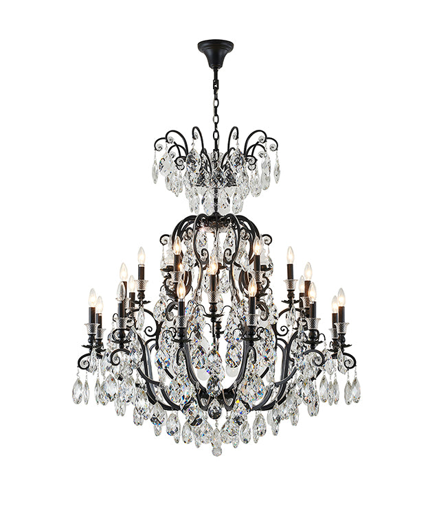 Three Tier Metal Frame Chandelier with Clear Hanging Crystals in Matte Black by Bethel