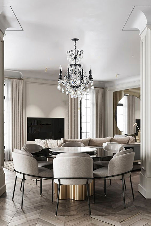 Iron Frame Chandelier with Clear Hanging Crystals in Matte Black by Bethel