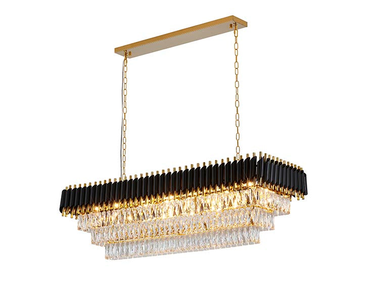Rectangular Frame Chandelier with Clear Hanging Crystals in Black & Gold by Bethel