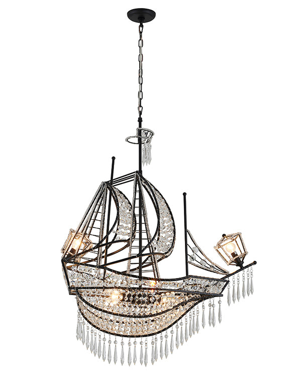 Metal Frame Sail Boat Chandelier with Clear Hanging Crystals in Matte Black by Bethel