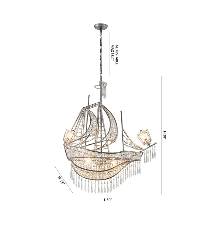 Metal Frame Sail Boat Chandelier with Clear Hanging Crystals by Bethel - view 2