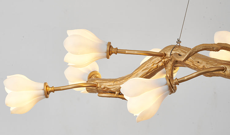 Gold Branch Chandelier with White Ceramic Flower Shades by Bethel - view 5