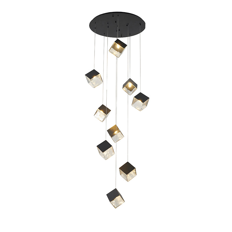 Round Frame Chandelier with Hanging Cubed Clear Distorted Glass Pendants in Black by Bethel