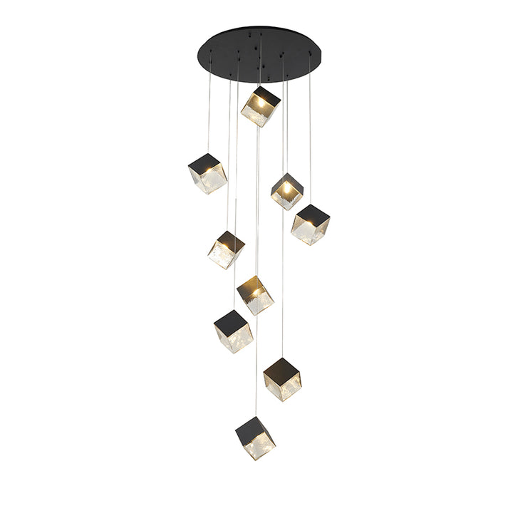 Round Frame Chandelier with Hanging Cubed Clear Distorted Glass Pendants in Black by Bethel