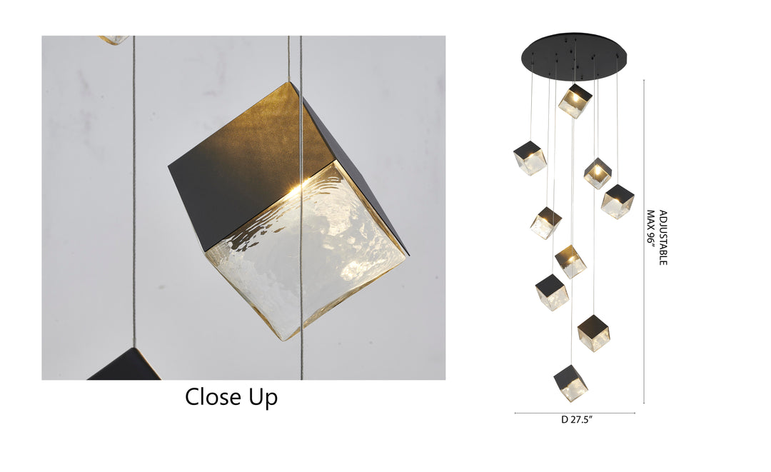Round Frame Chandelier with Hanging Cubed Clear Distorted Glass Pendants by Bethel - view 2