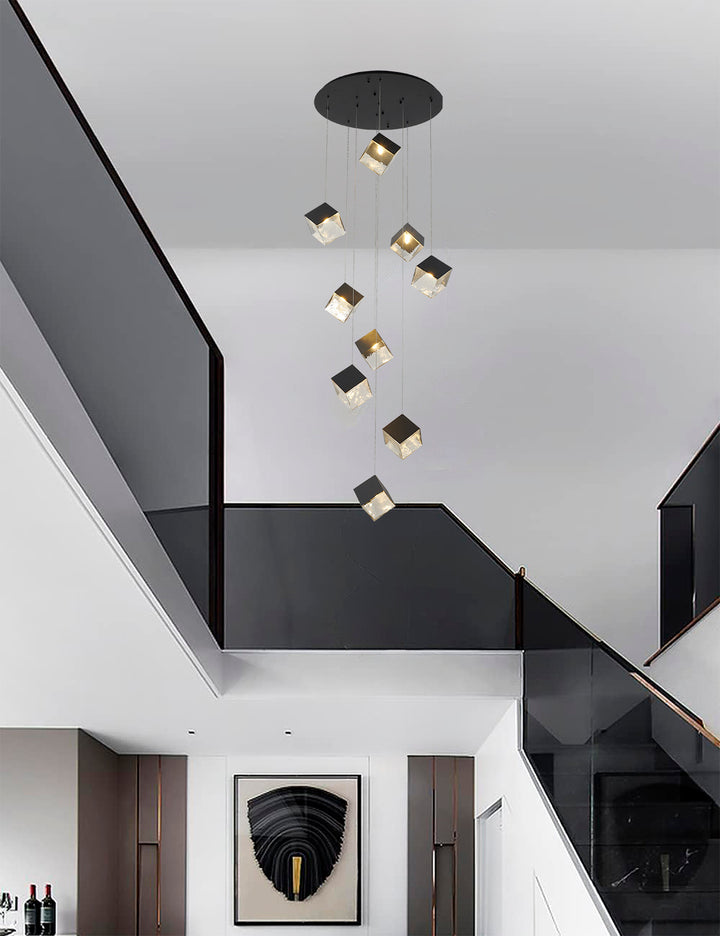 Round Frame Chandelier with Hanging Cubed Clear Distorted Glass Pendants by Bethel - view 3
