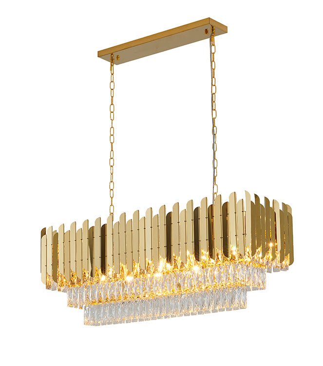 Stainless Steel Frame Chandelier with Clear Hanging Crystals in Gold by Bethel
