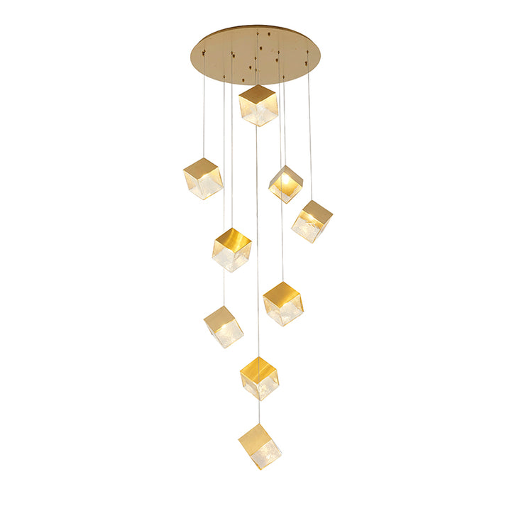 Round Frame Chandelier with Hanging Cubed Clear Distorted Glass Pendants in Brass by Bethel