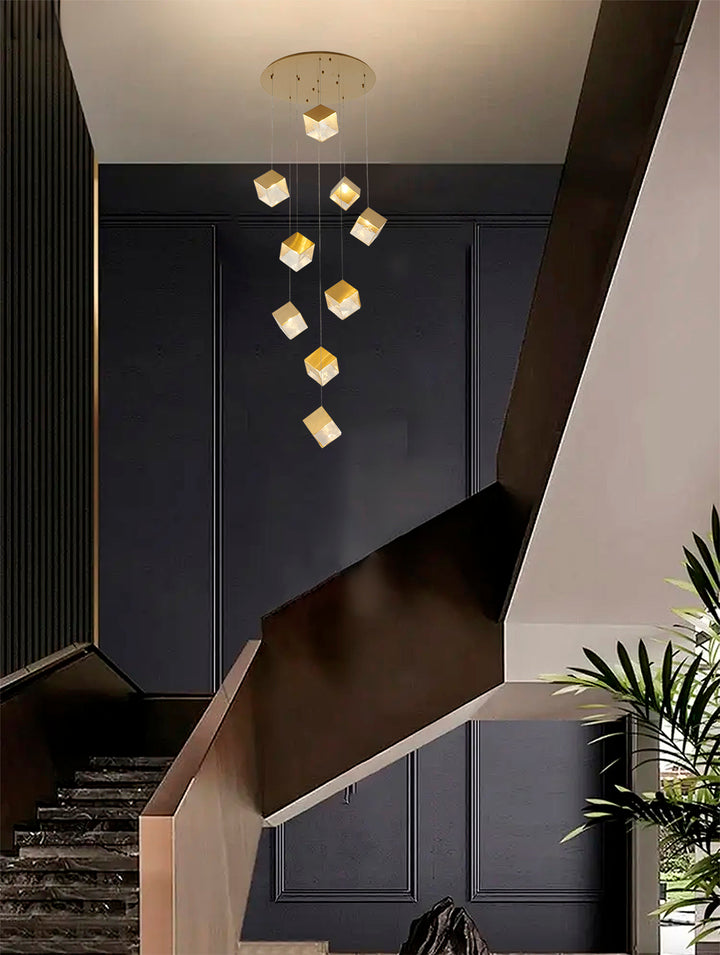 Round Frame Chandelier with Hanging Cubed Clear Distorted Glass Pendants by Bethel - view 8