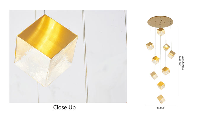 Round Frame Chandelier with Hanging Cubed Clear Distorted Glass Pendants by Bethel - view 9