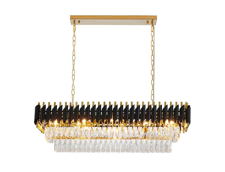 Rectangular Frame Chandelier with Clear Hanging Crystals in Black & Gold by Bethel