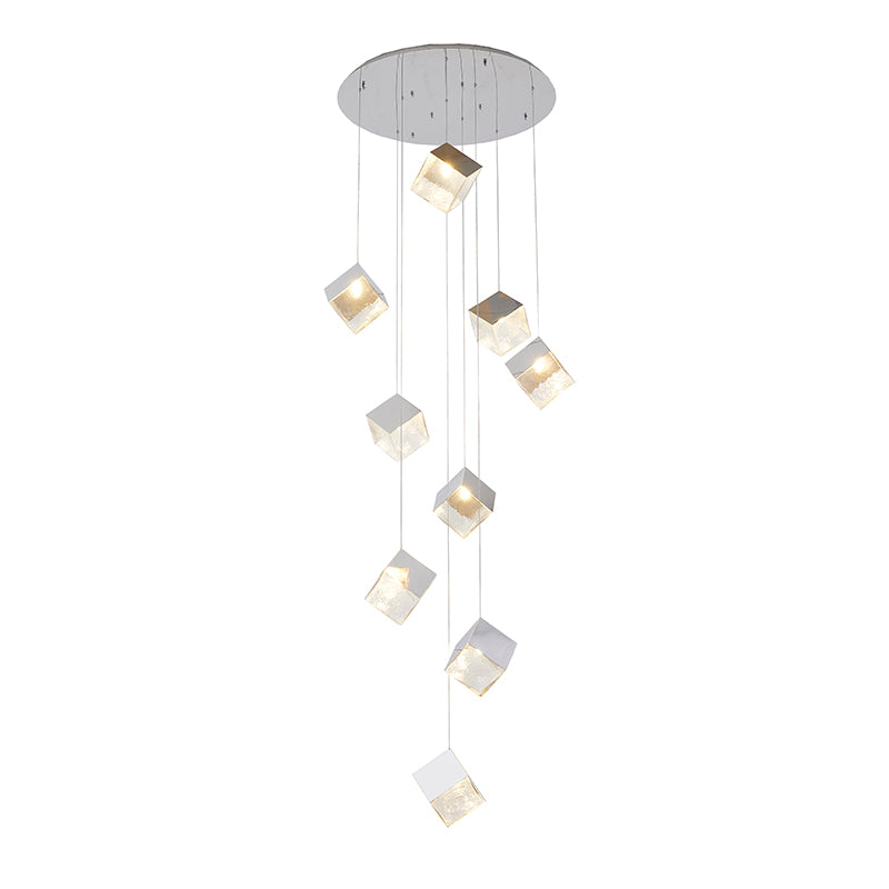 Round Frame Chandelier with Hanging Cubed Clear Distorted Glass Pendants in Chrome by Bethel