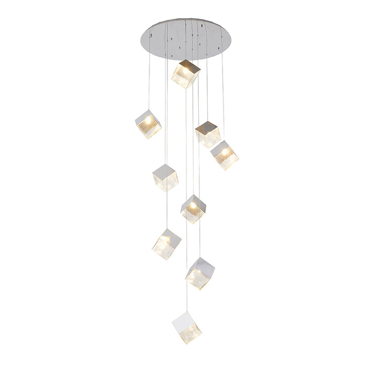 Round Frame Chandelier with Hanging Cubed Clear Distorted Glass Pendants in Chrome by Bethel