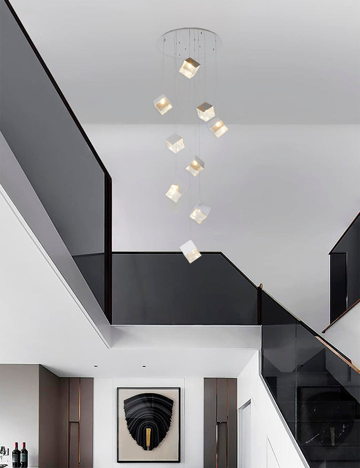Round Frame Chandelier with Hanging Cubed Clear Distorted Glass Pendants by Bethel - view 15