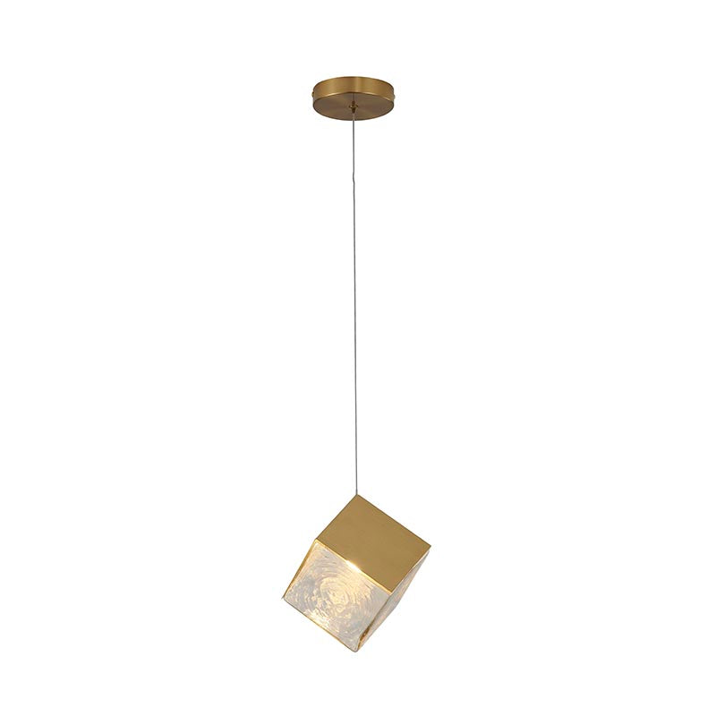 Frame Cubed Pendant Light with Clear Distorted Glass in Brass by Bethel
