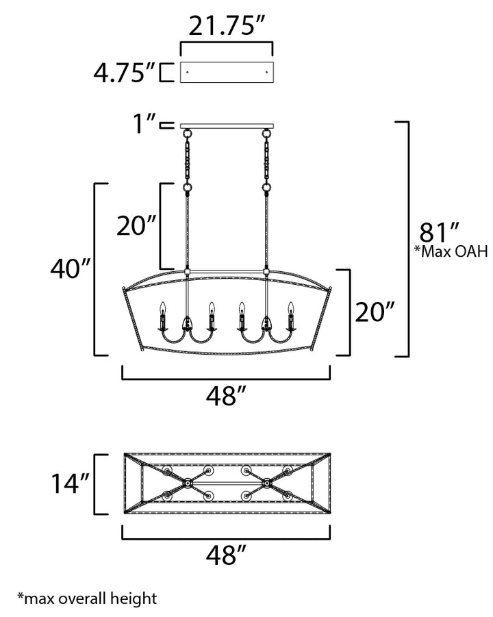 Plumette 8-Light Linear Pendant dimensions diagram