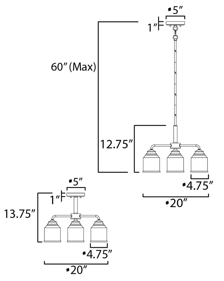 Acadia 3-Light Semi-Flush Mount/Chandelier dimensions diagram