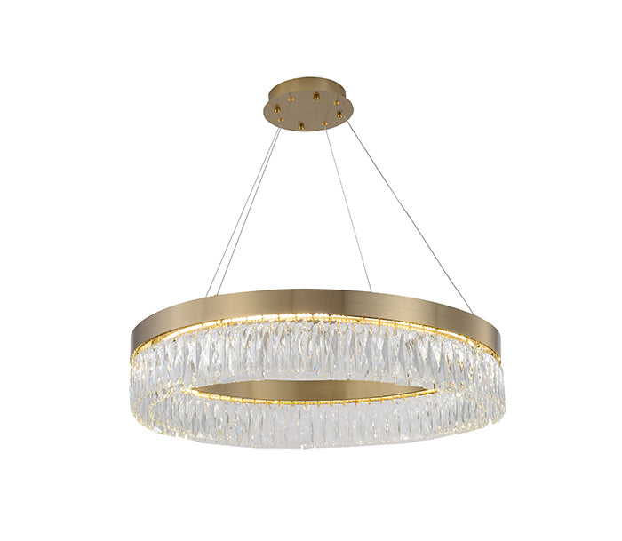Round Frame LED Chandelier with Clear Hanging Crystals in Gold by Bethel