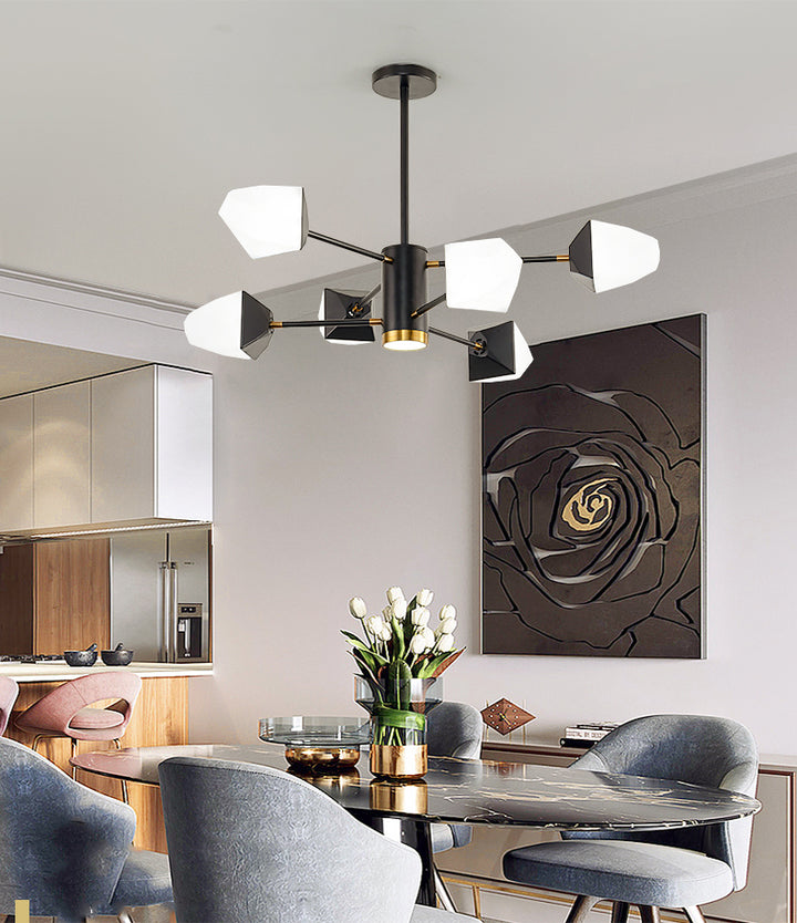 Black Frame LED Ceiling Fixture with White Geometric Acrylic Shades &amp; Gold