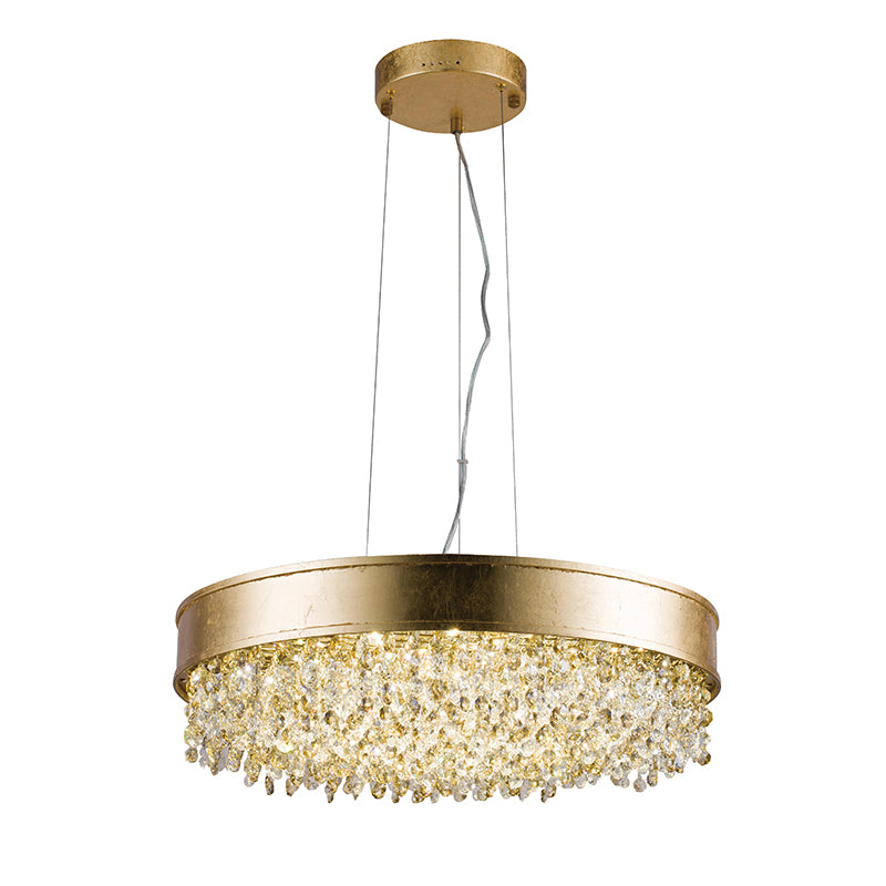 Leaf Round Frame with and Clear Hanging Crystals Chandelier in Gold by Bethel