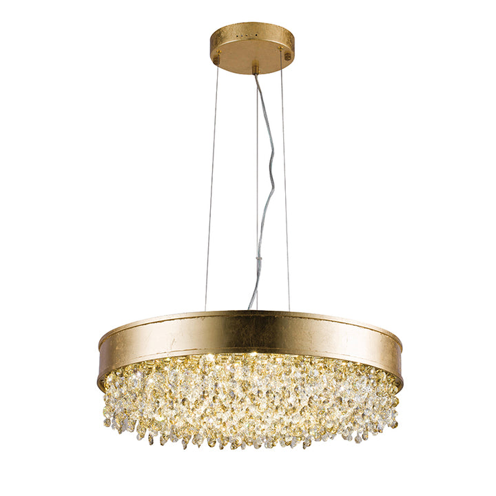 Leaf Round Frame with and Clear Hanging Crystals Chandelier in Gold by Bethel