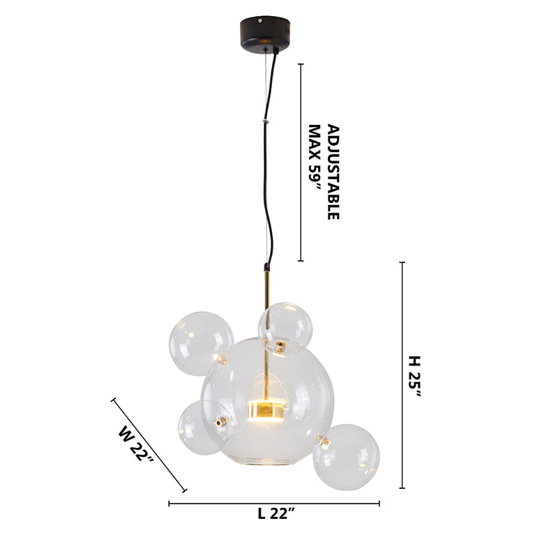 Clear Bubble Glass LED Chandelier with Gold &amp; Black Hardware