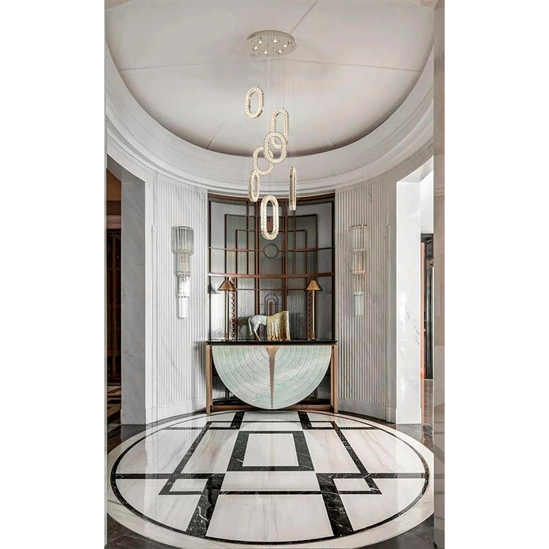 Flushed Frame LED Chandelier with Oval Clear Crystal Hanging Pendants in Chrome by Bethel