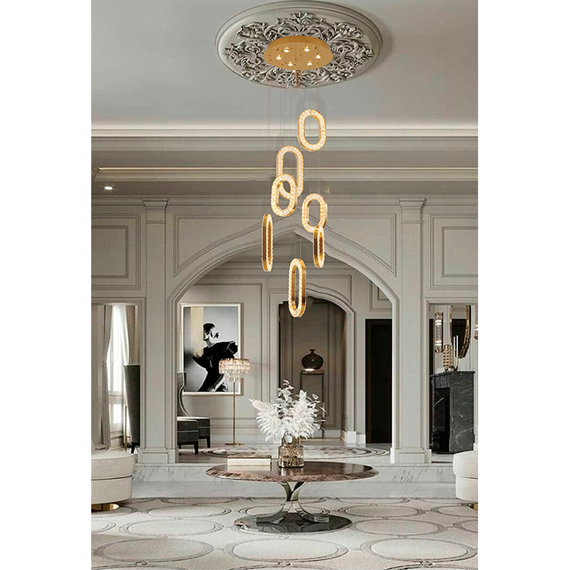 Flushed Frame LED Chandelier with Oval Clear Crystal Hanging Pendants in Gold by Bethel