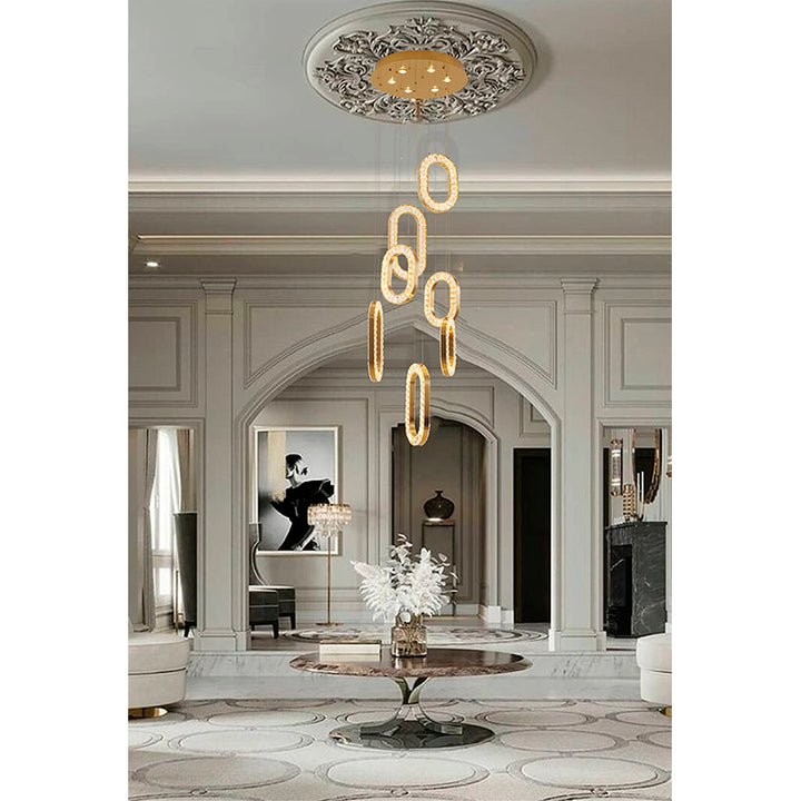 Flushed Frame LED Chandelier with Oval Clear Crystal Hanging Pendants in Gold by Bethel