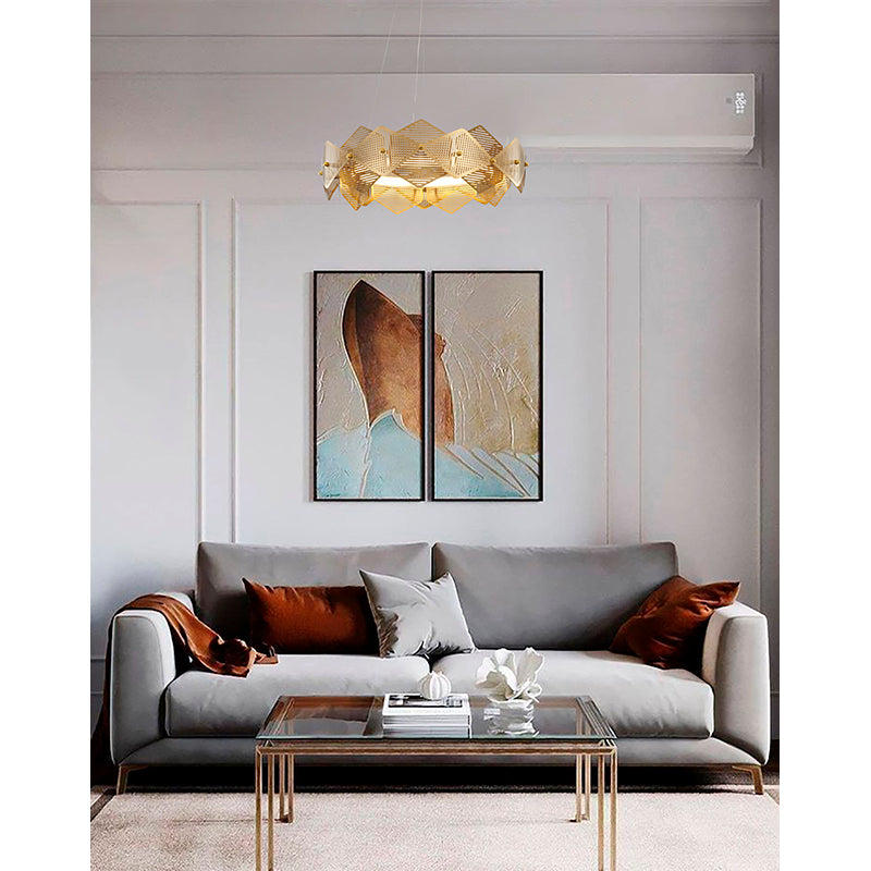 Brass Halo Ring Chandelier with Stainless Steel Cage Frame &amp; Acrylic Diffuser