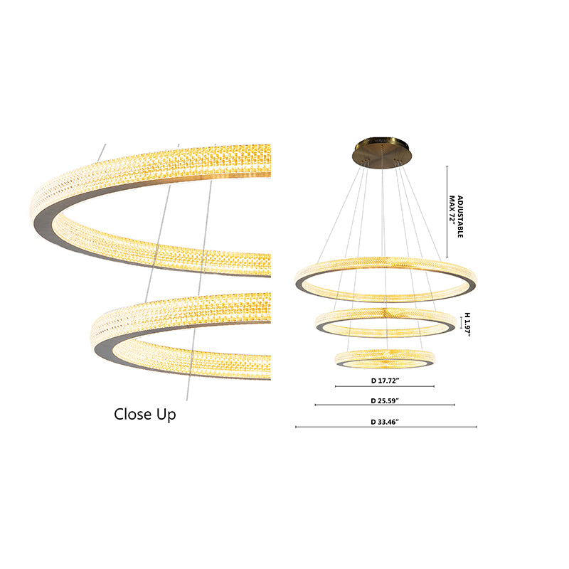 Sand Gold Frame Three Ring LED Chandelier with Acrylic Diffusers by Bethel - view 7