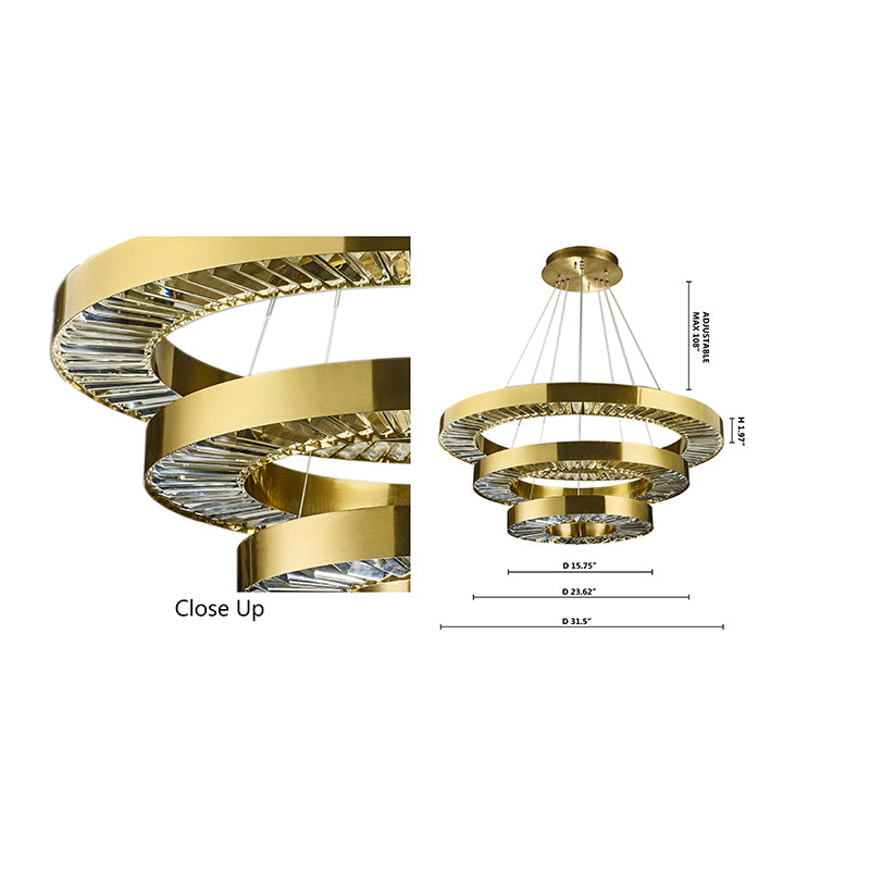 Three Tier Gold Ring Chandelier with Clear Crystal Diffuser by Bethel - view 2