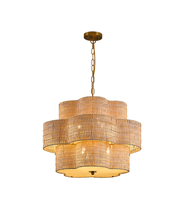 Rattan Waved Basket Pendant Light with Brass Hardware by Bethel