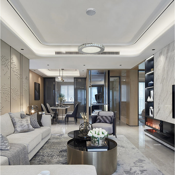 Round Clear Crystal LED Chandelier with Chrome Hardware and Beaded Sand Diffuser by Bethel - view 5