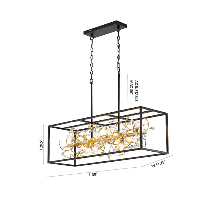 Black Rectangular Cage Frame Chandelier with Gold Branch Accent &amp; Clear Crystals